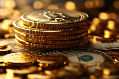 Stack of Golden Crypto Coins on US Currency