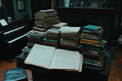 Stack Of Old Books And Piano