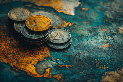 Stack Of Old Coins On Vintage World Map