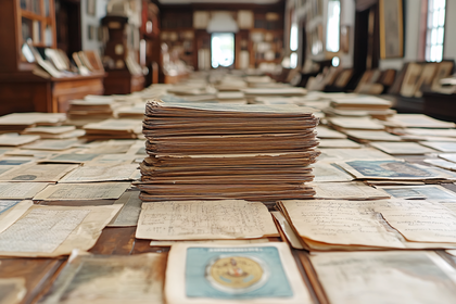 Stack Of Old Papers On Library Table