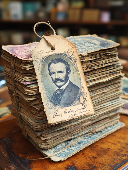 Stack Of Vintage Banknotes With Portrait Tag