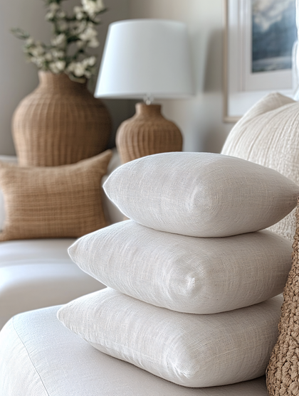 Stack Of White Pillows On Sofa