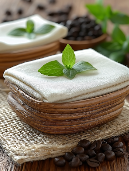 Stacked Bowls with Cloths and Mint