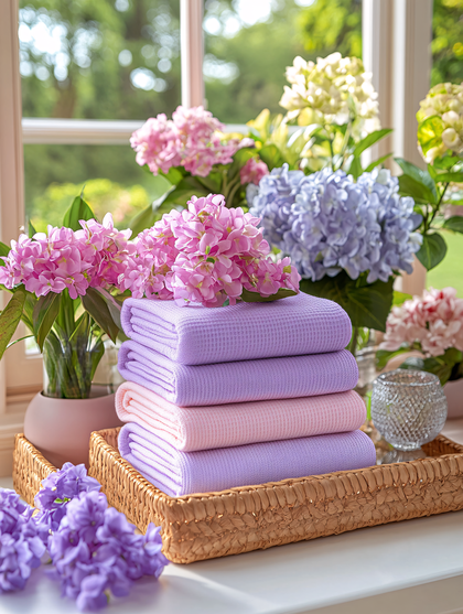 Stacked Towels with Hydrangea Blossoms