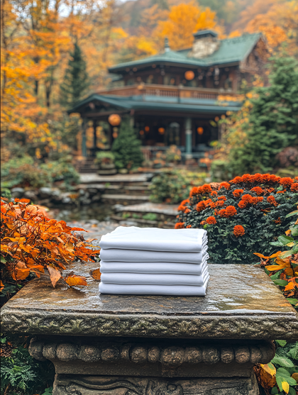 Stacked White Linens In Autumn Garden