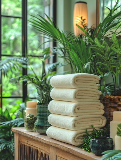 Stacked White Towels in Green Spa Setting
