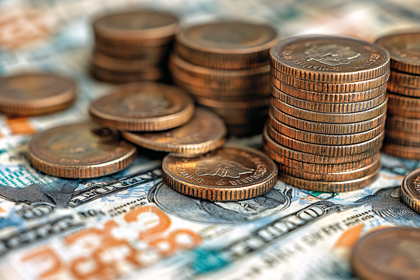 Stacks of Coins on Dollar Bills