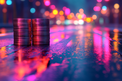 Stacks Of Coins On Wet Street At Night
