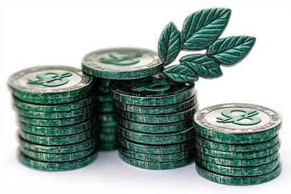 Stacks Of Green Cryptocurrency Coins With Leaves