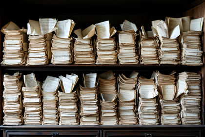 Stacks Of Old Manuscripts On Wooden Shelves