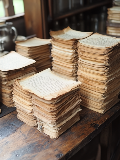 Stacks Of Old Papers On Wooden Table