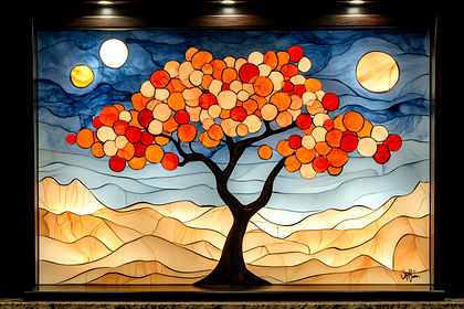 Stained Glass Tree of Life Landscape with Moons