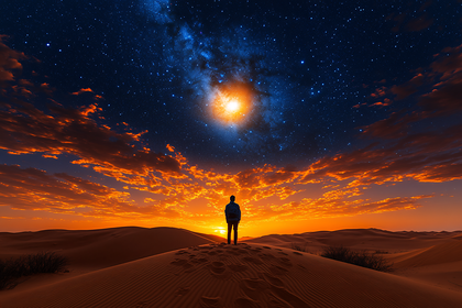 Man Stargazing Over Desert Dunes at Sunset