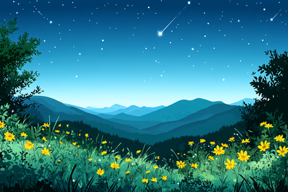 Starry Night Mountain Landscape with Flowers