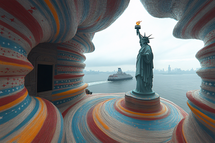 Statue Of Liberty Framed By Striped Structures