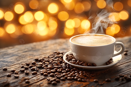 Steaming Coffee Cup and Beans on Wooden Table