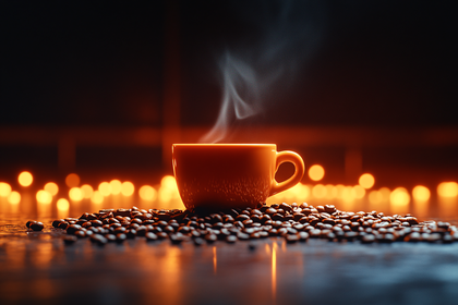 Steaming Coffee Cup On Coffee Beans