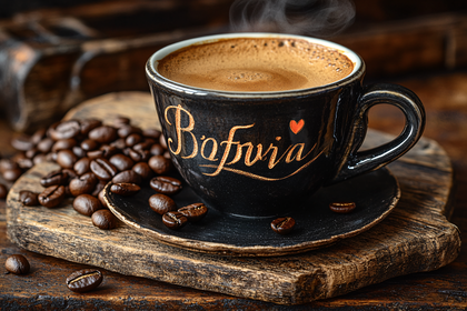 Steaming Coffee Cup on Wooden Board