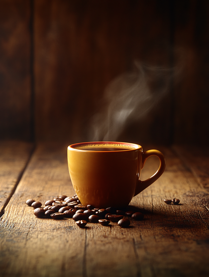 Steaming Coffee Cup on Wooden Table