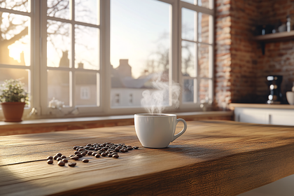 Steaming Coffee Cup on Wooden Table