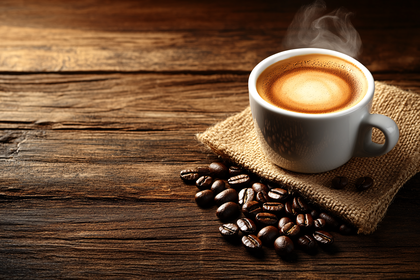 Steaming Coffee Cup on Wooden Table