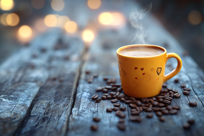 Steaming Coffee Cup on Wooden Table