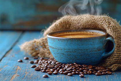 Steaming Coffee Cup with Beans