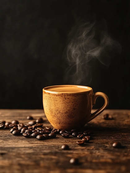 Steaming Coffee Cup with Beans
