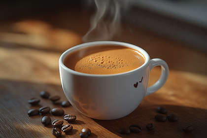 Steaming Coffee Cup With Beans