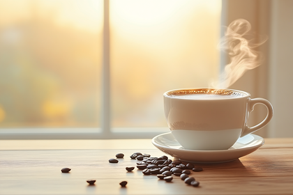 Steaming Coffee Cup With Beans