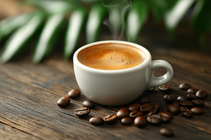 Steaming Coffee Cup with Beans