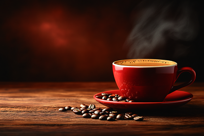 Steaming Coffee Cup with Beans