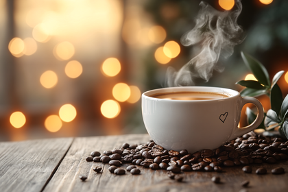 Steaming Coffee Cup with Bokeh Lights
