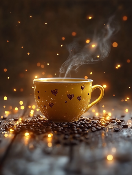 Steaming Coffee Cup with Heart Accents