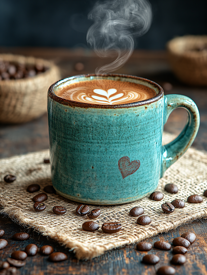 Steaming Coffee Cup With Heart Latte Art