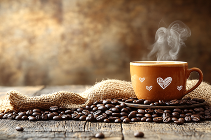 Steaming Coffee Cup With Hearts On Wooden Surface