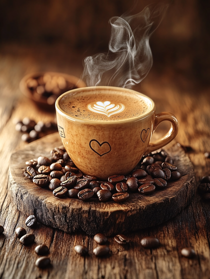 Steaming Coffee Cup with Latte Art