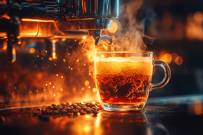 Steaming Coffee Pouring from Espresso Machine into Glass Cup