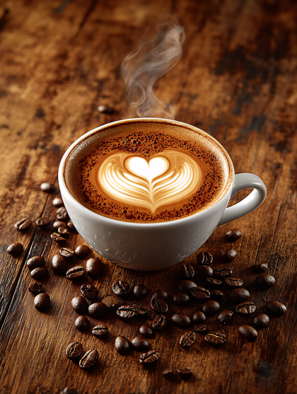 Steaming Coffee With Heart Latte Art
