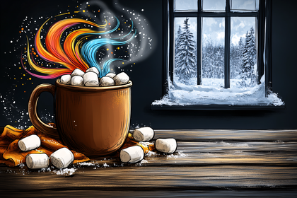 Steaming Mug Of Cocoa By Winter Window