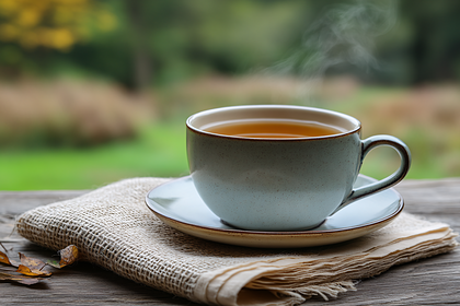 Steaming Tea Cup on Wooden Table
