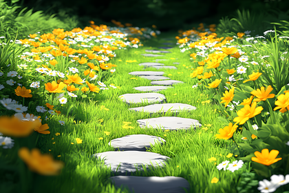 Stepping Stone Path Through Flower Garden