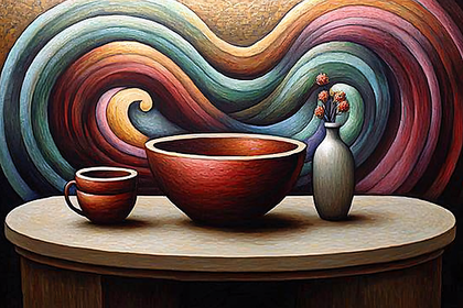 Still Life with Bowl, Cup, and Swirling Background