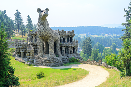 Stone Animal Sculpture and Ruined Castle