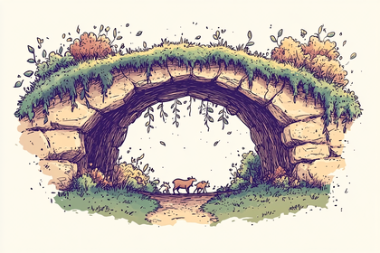 Stone Arch Bridge with Deer Family