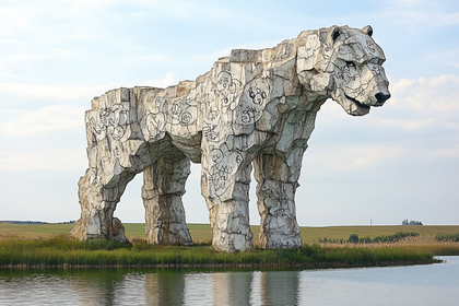 Stone Bear Sculpture by Water