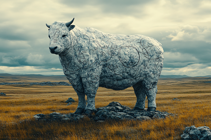 Stone Bull in Grassy Field