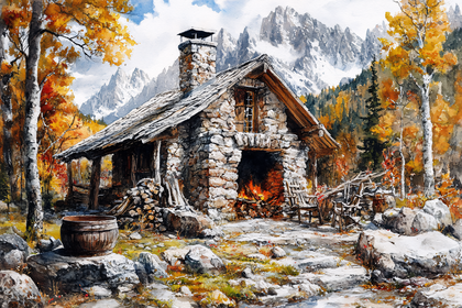 Stone Cabin in Autumn Mountain
