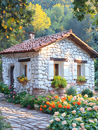 Stone Cottage In A Flower Garden