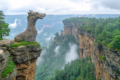 Stone Dragon Statue Overlooking Misty Mountain Valley
